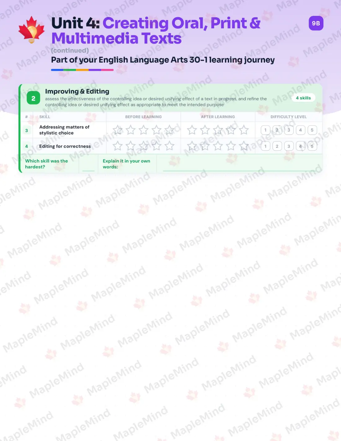 Page 17 of 29 from the English Language Arts 30-1 Alberta Course Companion — skills tracker with before and after self-assessment