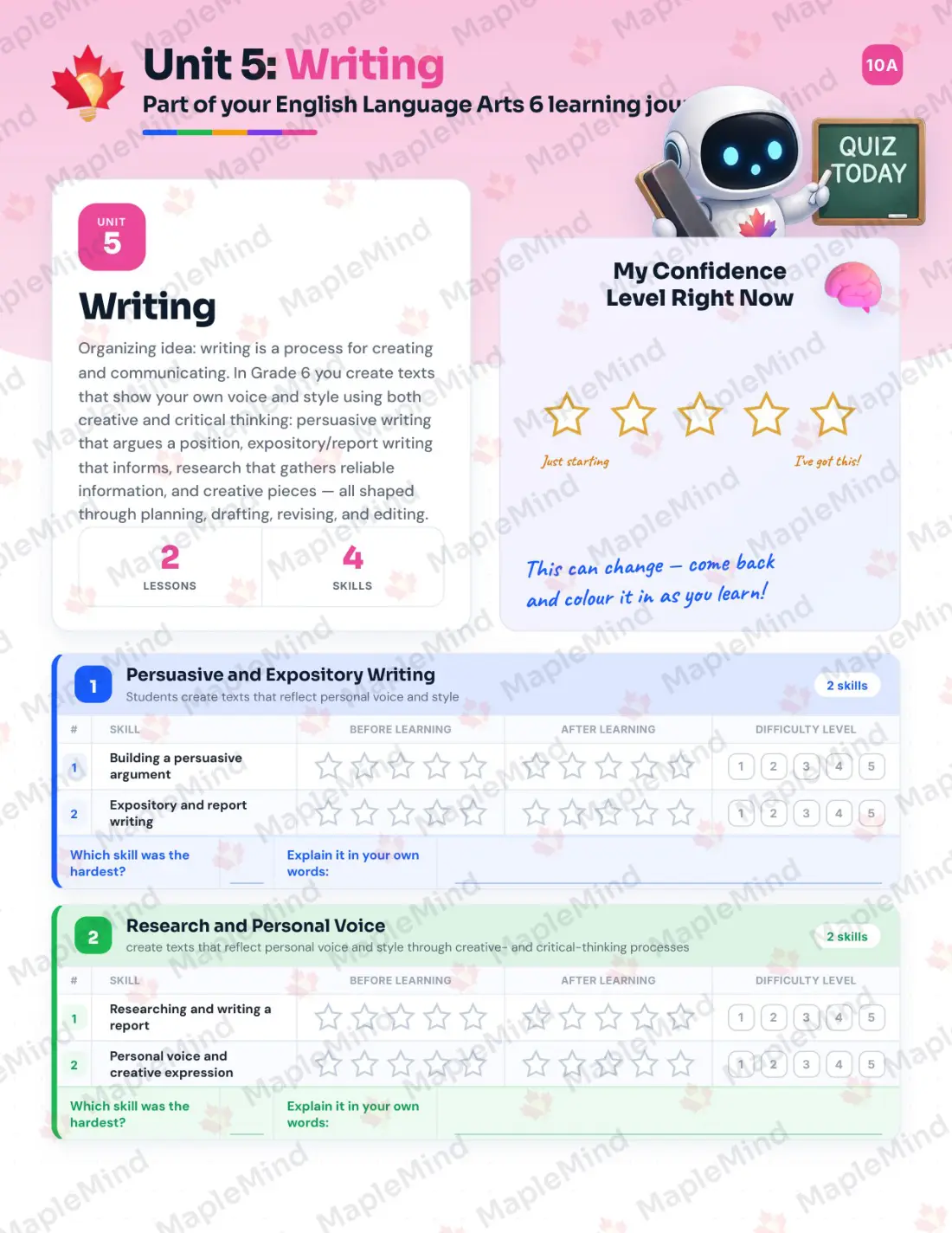 Page 19 of 34 from the English Language Arts 6 Alberta Course Companion — skills tracker with before and after self-assessment