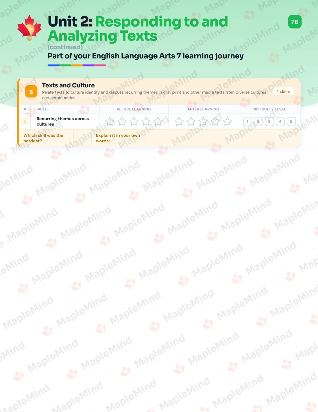 Page 10 of 31 from the English Language Arts 7 Alberta Course Companion — skills tracker with before and after self-assessment