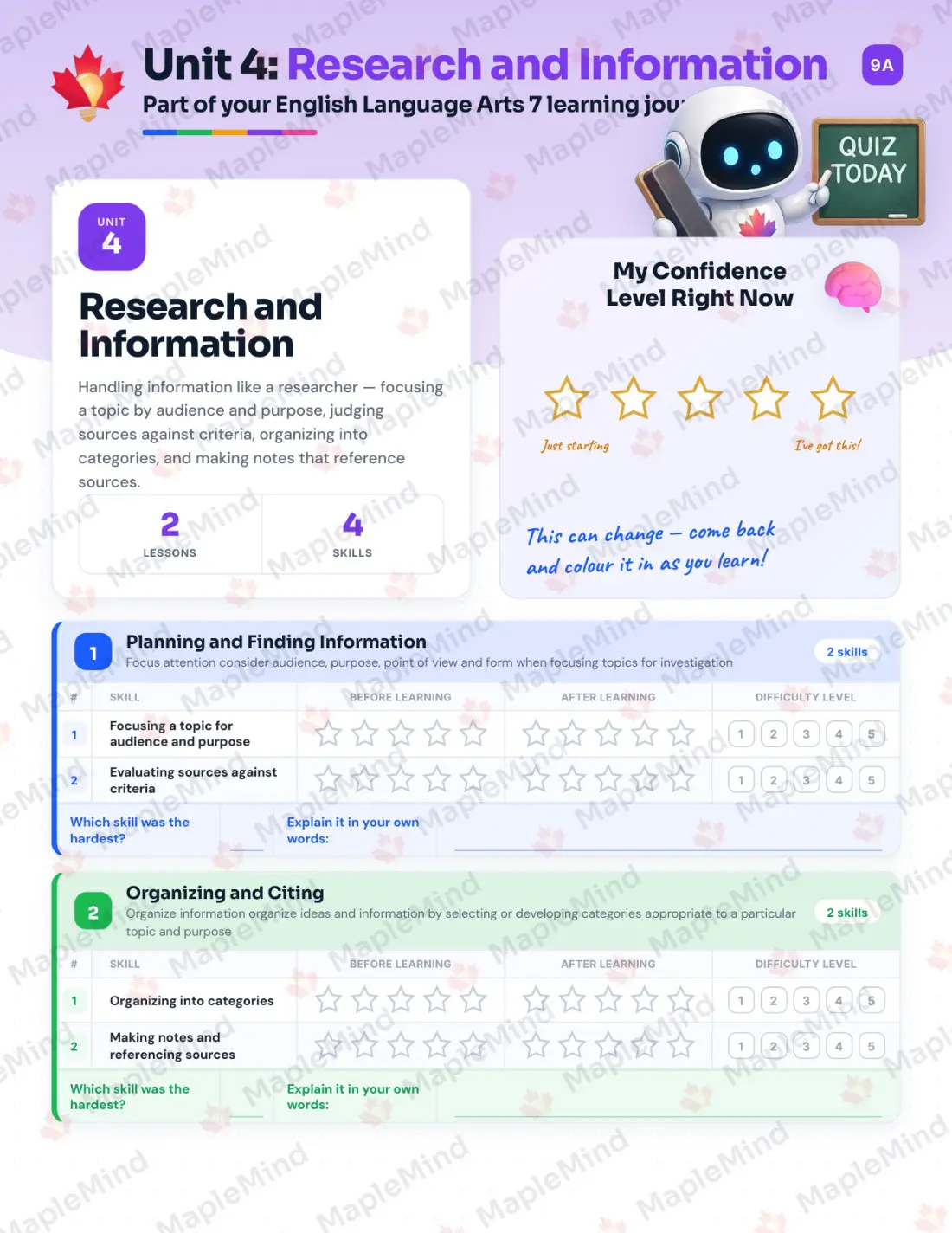 Page 16 of 31 from the English Language Arts 7 Alberta Course Companion — skills tracker with before and after self-assessment