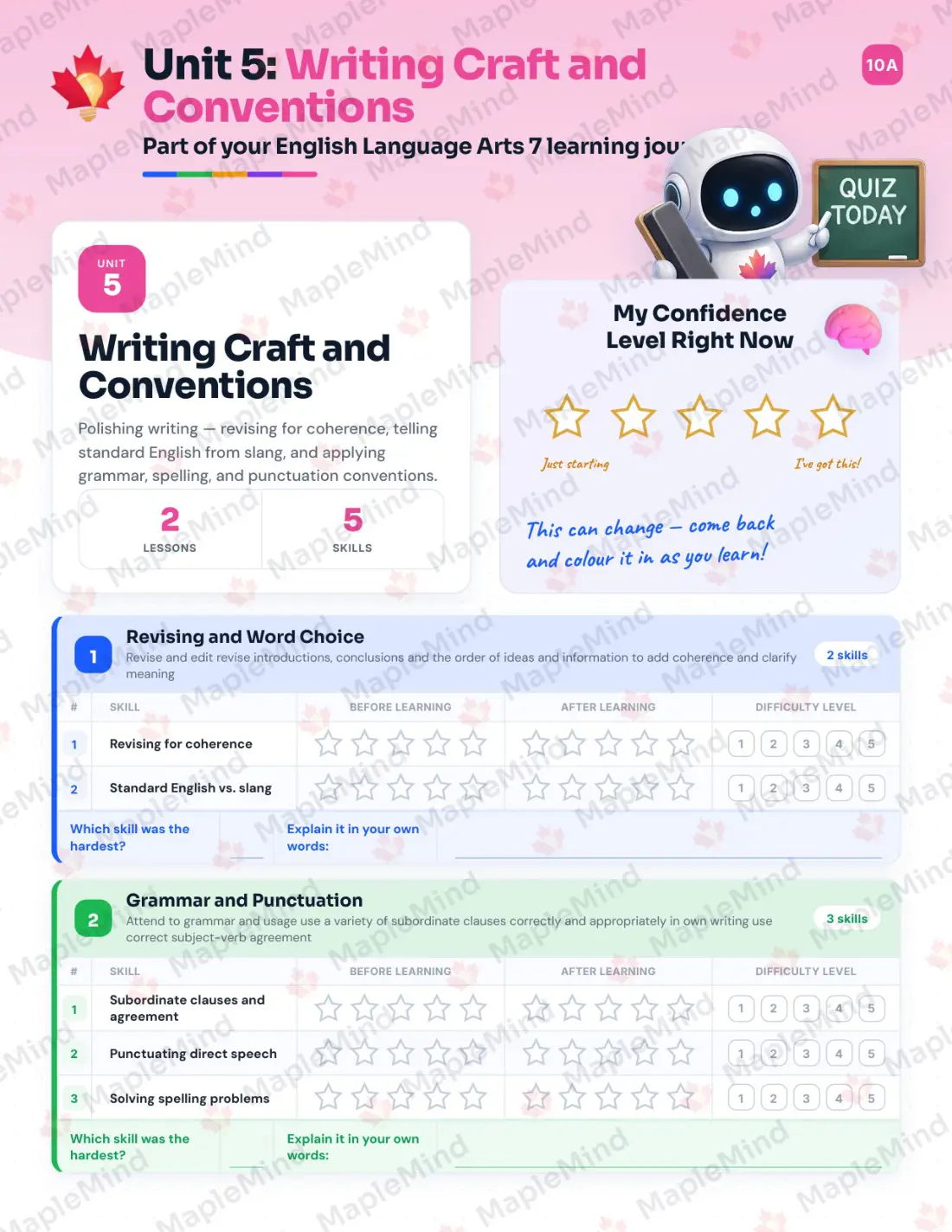 Page 19 of 31 from the English Language Arts 7 Alberta Course Companion — skills tracker with before and after self-assessment