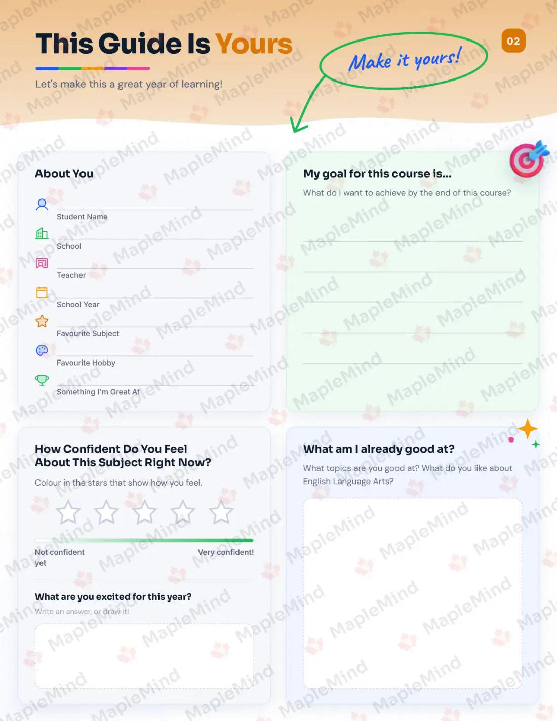 Page 2 of 31 from the English Language Arts 8 Alberta Course Companion — student goal setting and about me pages