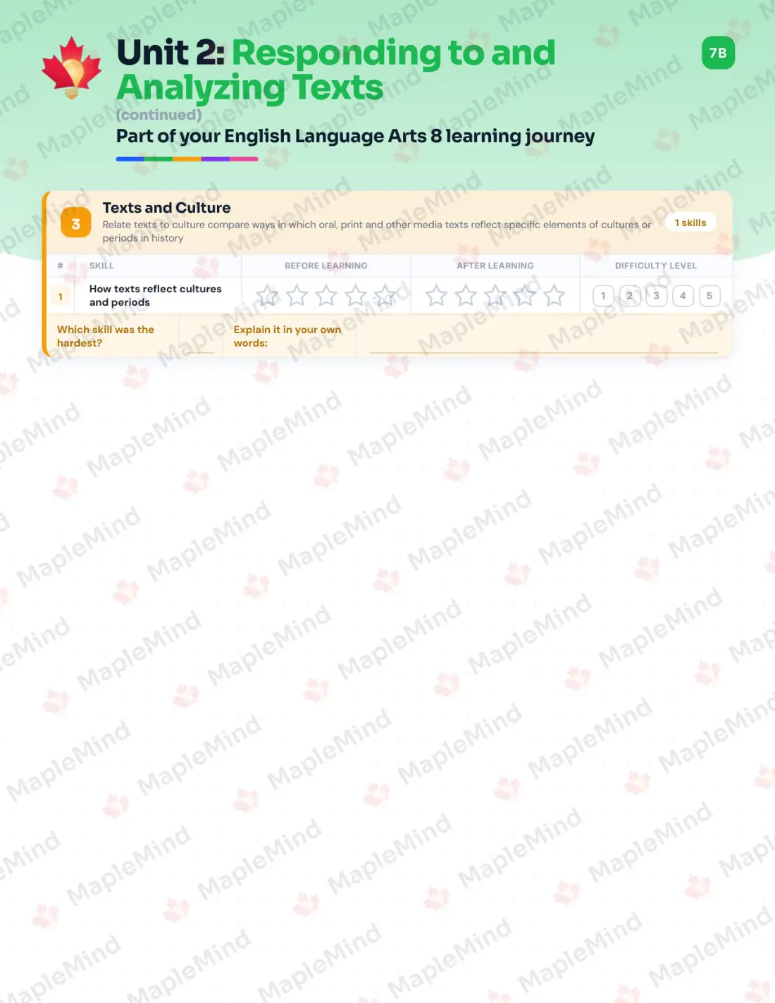 Page 10 of 31 from the English Language Arts 8 Alberta Course Companion — skills tracker with before and after self-assessment
