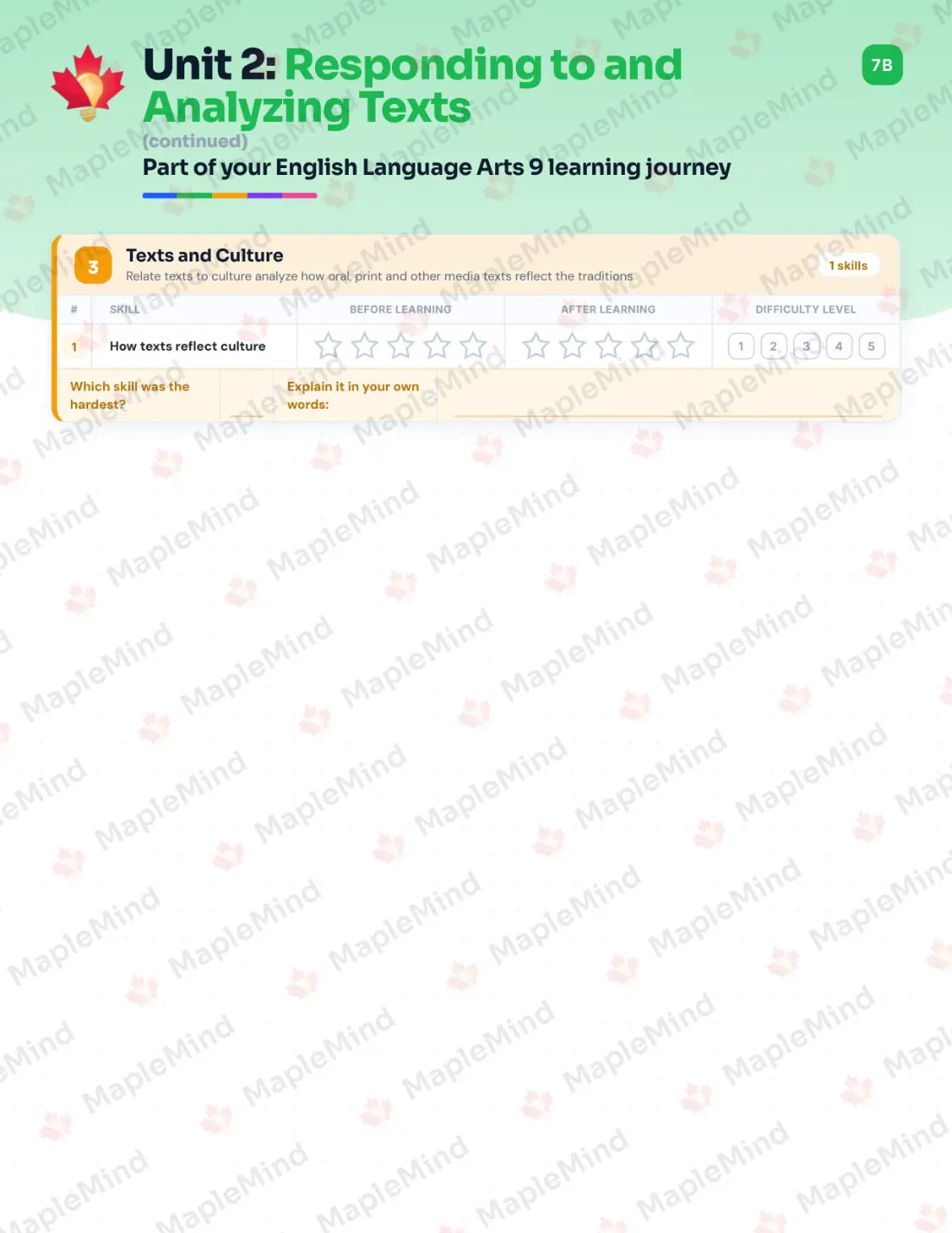 Page 10 of 31 from the English Language Arts 9 Alberta Course Companion — skills tracker with before and after self-assessment