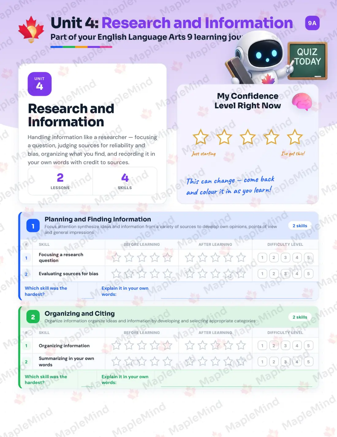 Page 16 of 31 from the English Language Arts 9 Alberta Course Companion — skills tracker with before and after self-assessment