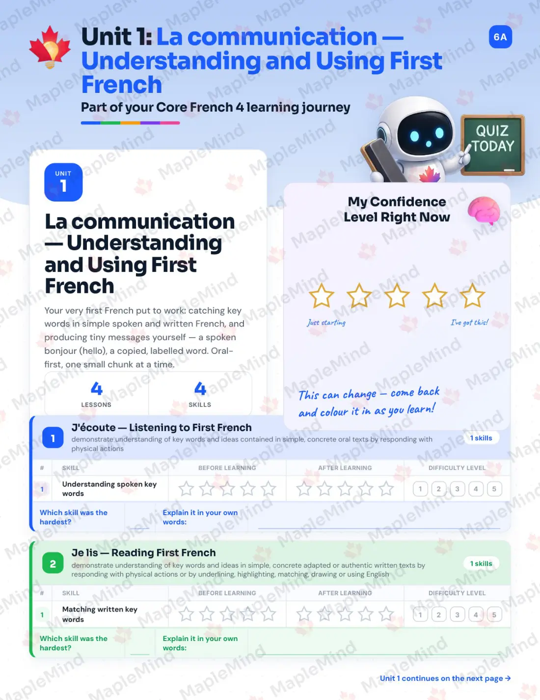 Page 6 of 26 from the Core French 4 Alberta Course Companion — skills tracker with before and after self-assessment