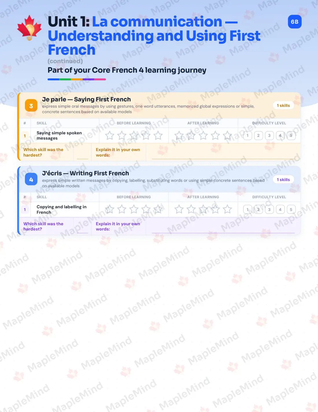 Page 7 of 26 from the Core French 4 Alberta Course Companion — skills tracker with before and after self-assessment
