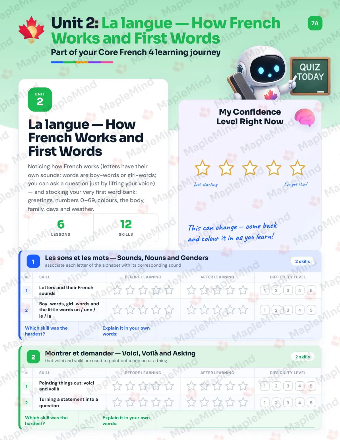Page 10 of 26 from the Core French 4 Alberta Course Companion — skills tracker with before and after self-assessment