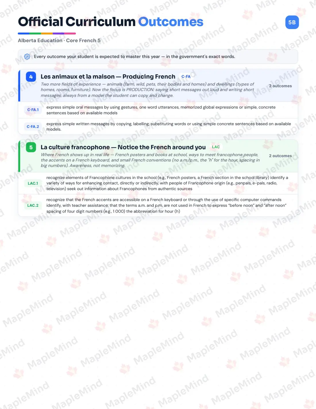 Page 6 of 33 from the Core French 5 Alberta Course Companion — skills tracker with before and after self-assessment