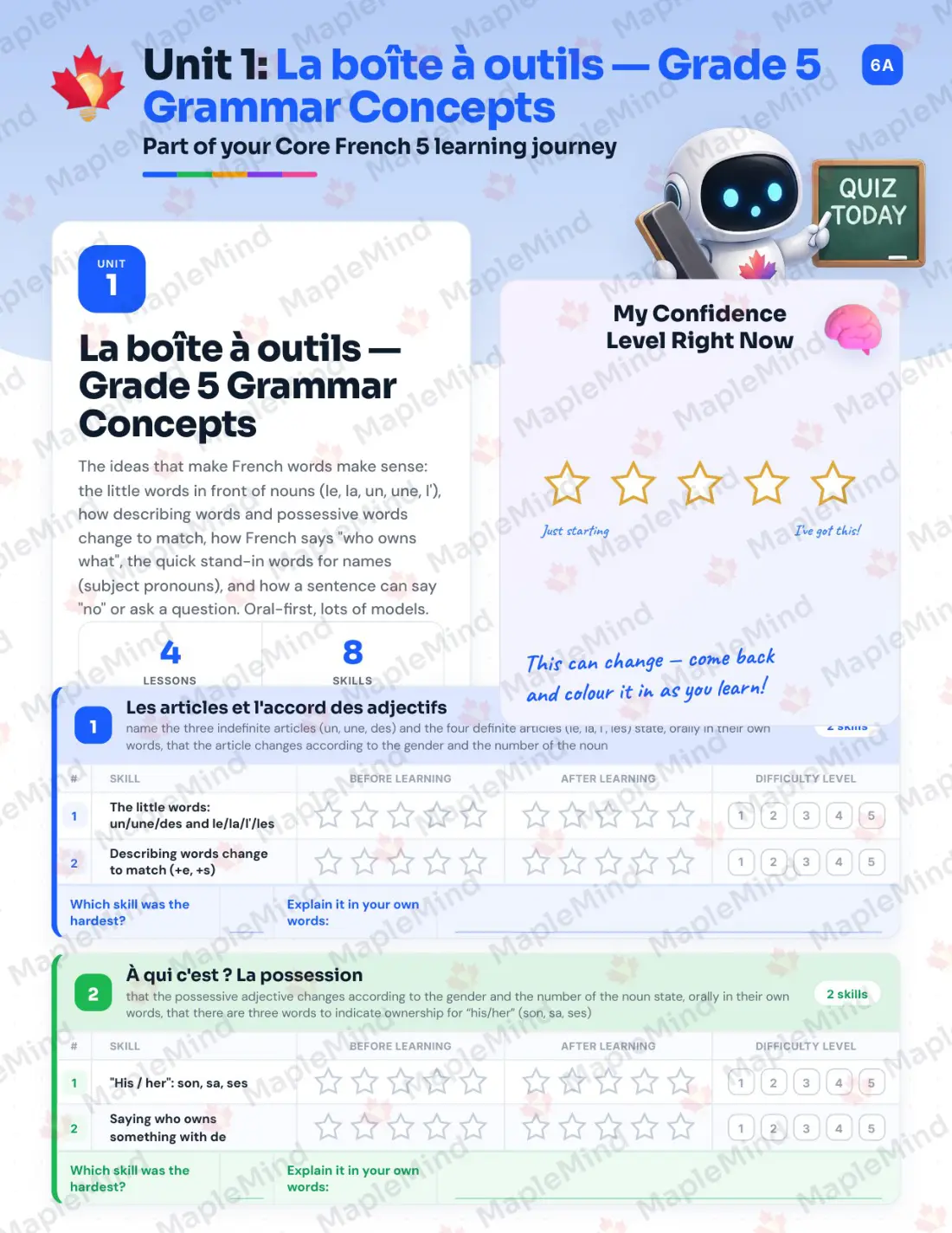 Page 7 of 33 from the Core French 5 Alberta Course Companion — skills tracker with before and after self-assessment