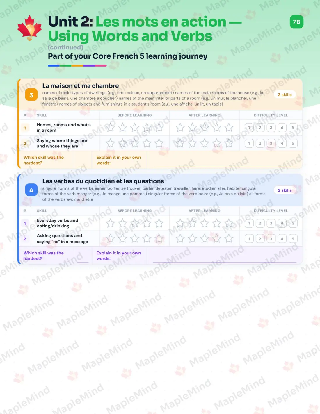 Page 12 of 33 from the Core French 5 Alberta Course Companion — skills tracker with before and after self-assessment