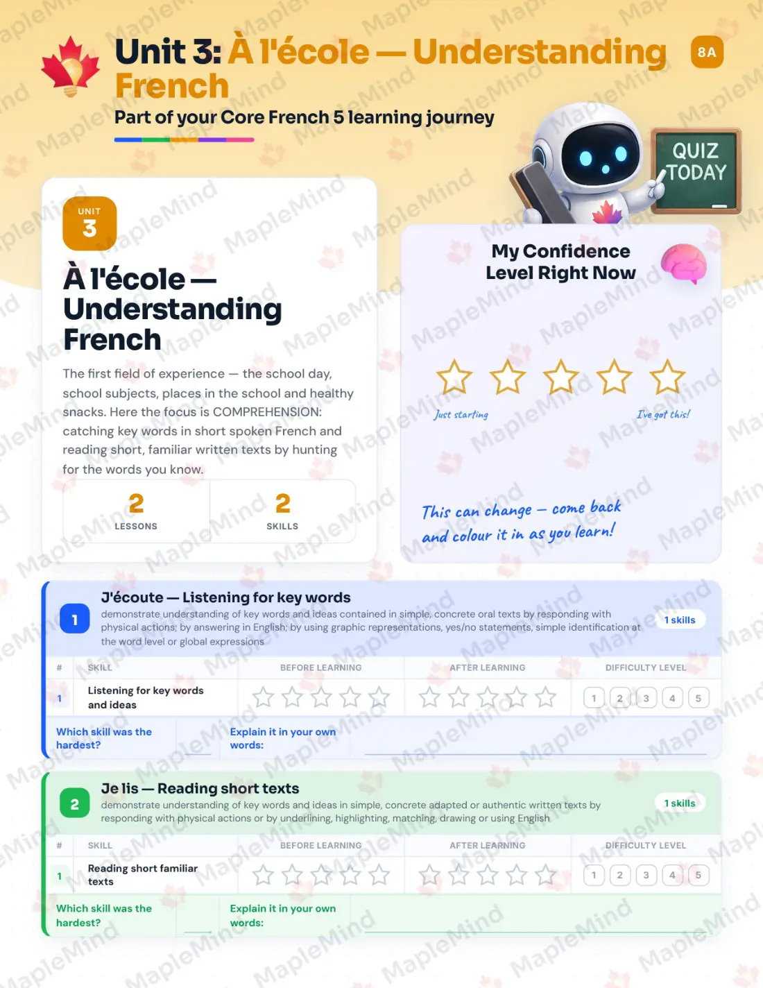 Page 15 of 33 from the Core French 5 Alberta Course Companion — skills tracker with before and after self-assessment