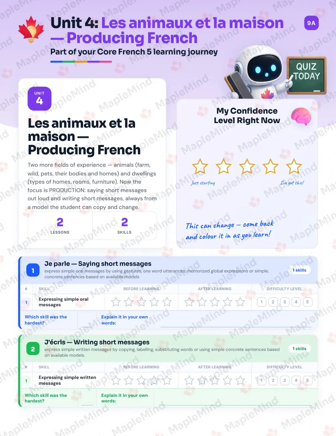 Page 18 of 33 from the Core French 5 Alberta Course Companion — skills tracker with before and after self-assessment