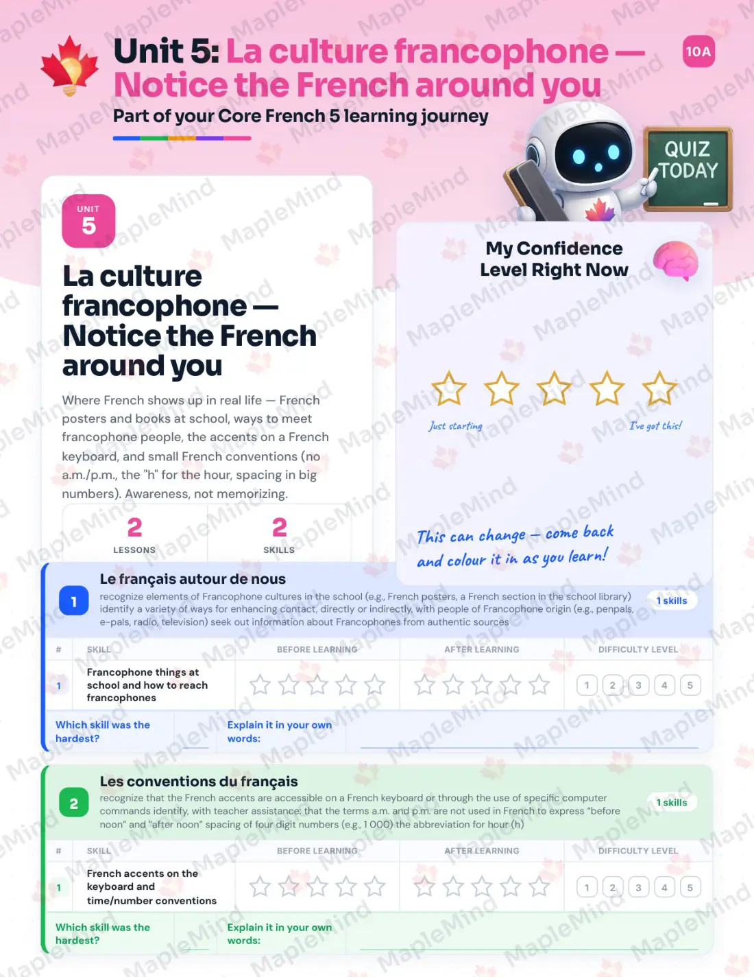 Page 21 of 33 from the Core French 5 Alberta Course Companion — skills tracker with before and after self-assessment