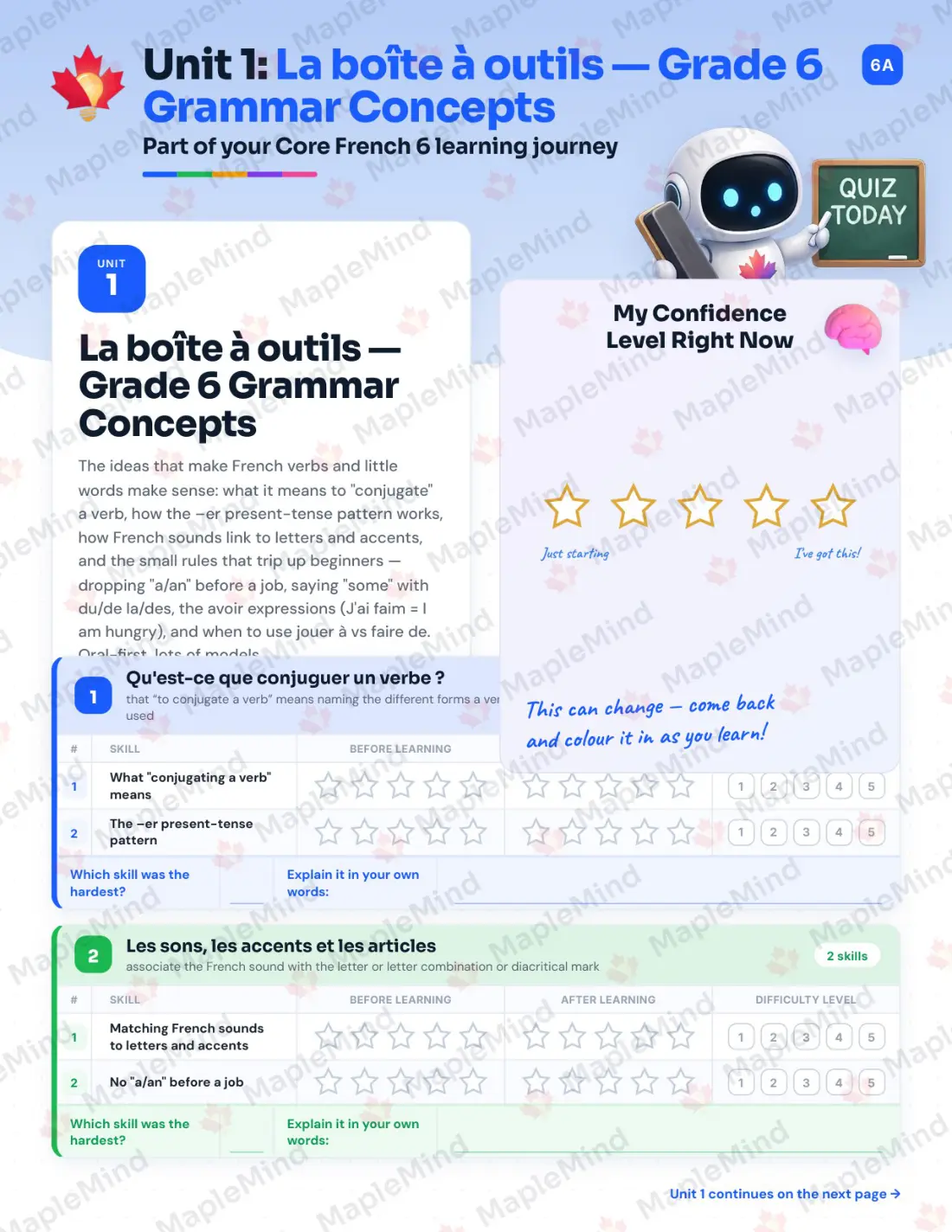 Page 7 of 35 from the Core French 6 Alberta Course Companion — skills tracker with before and after self-assessment