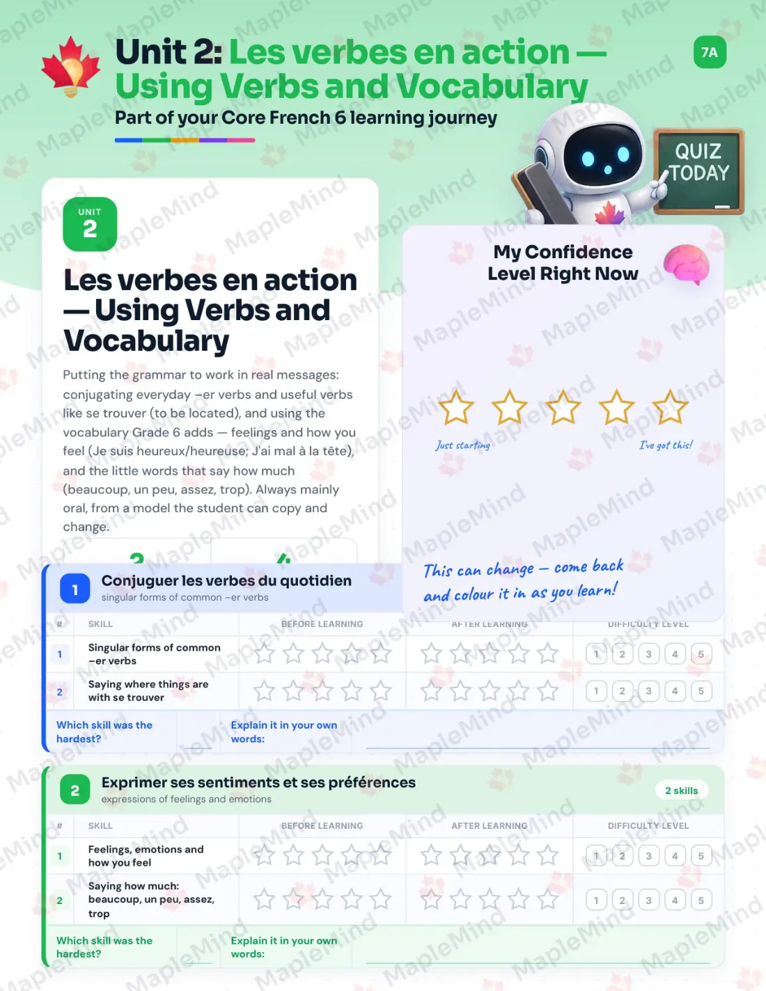 Page 11 of 35 from the Core French 6 Alberta Course Companion — skills tracker with before and after self-assessment