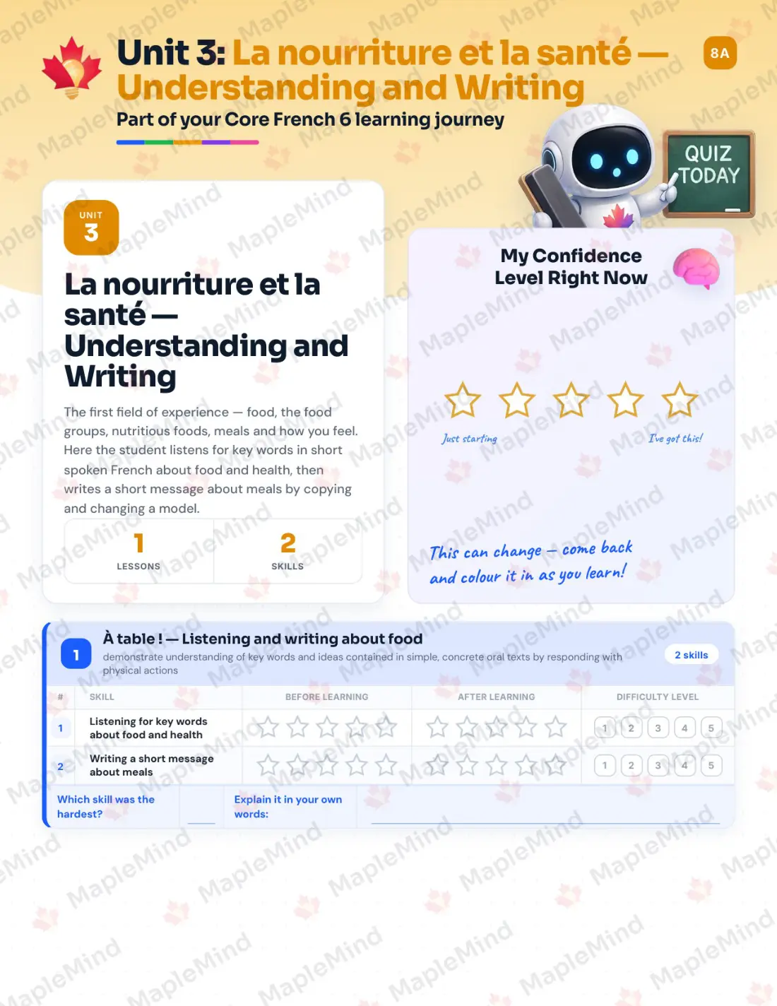 Page 14 of 35 from the Core French 6 Alberta Course Companion — skills tracker with before and after self-assessment