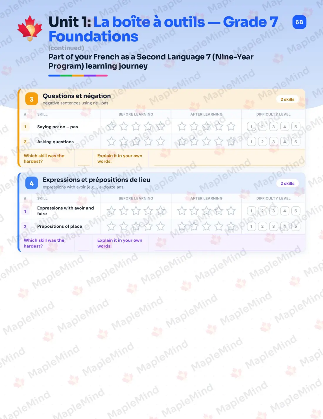 Page 7 of 34 from the French as a Second Language 7 (Nine-Year Program) Alberta Course Companion — skills tracker with before and after self-assessment