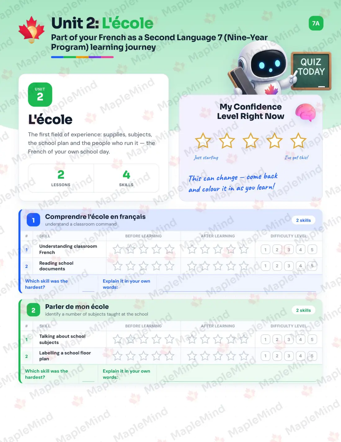 Page 10 of 34 from the French as a Second Language 7 (Nine-Year Program) Alberta Course Companion — skills tracker with before and after self-assessment