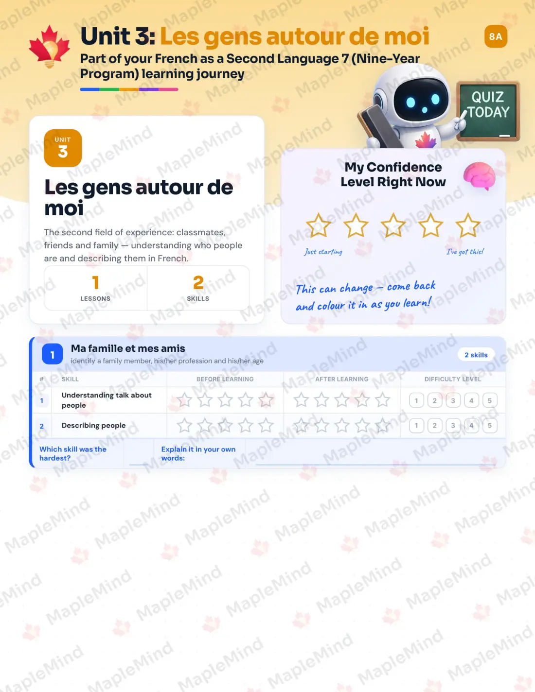 Page 13 of 34 from the French as a Second Language 7 (Nine-Year Program) Alberta Course Companion — skills tracker with before and after self-assessment