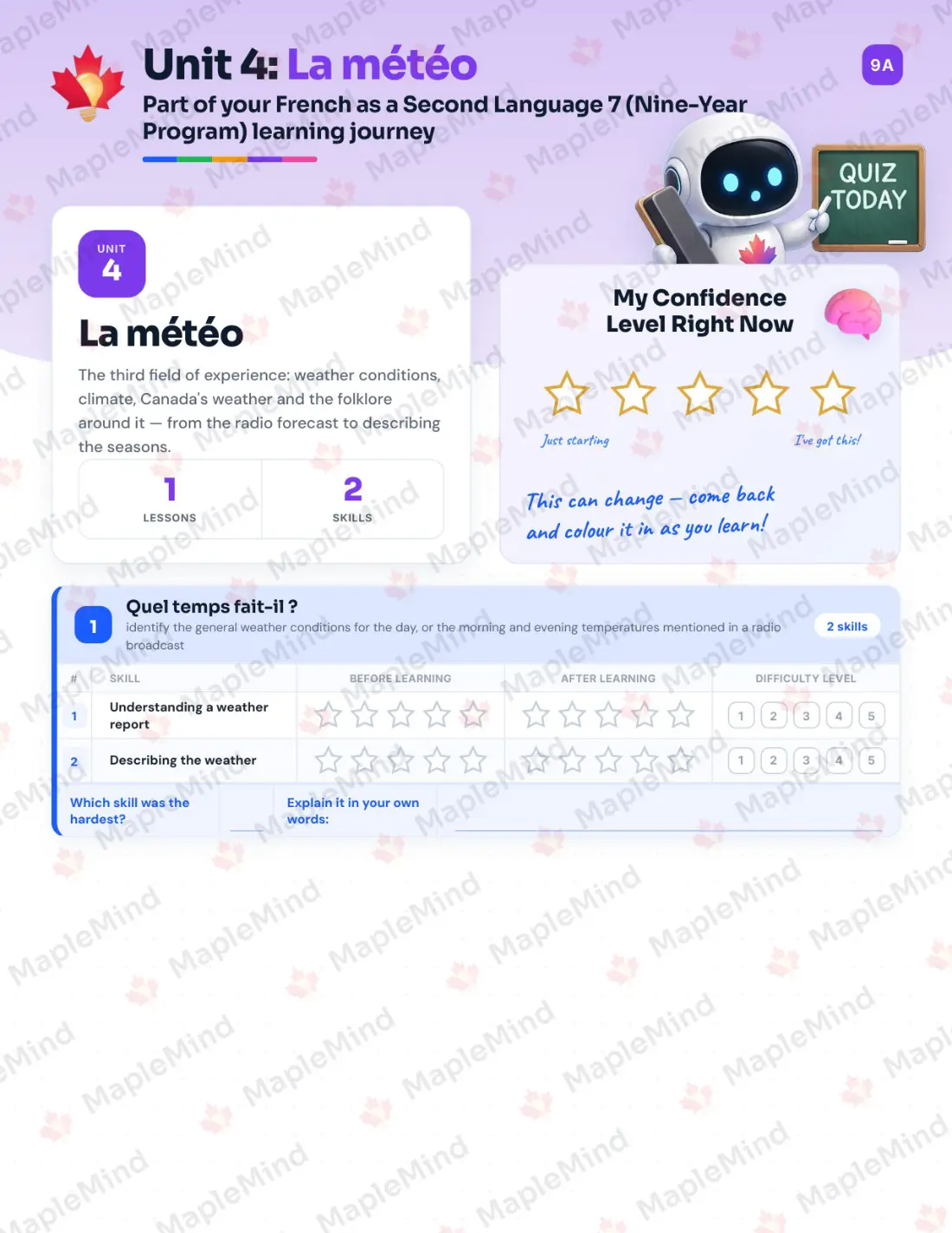 Page 16 of 34 from the French as a Second Language 7 (Nine-Year Program) Alberta Course Companion — skills tracker with before and after self-assessment