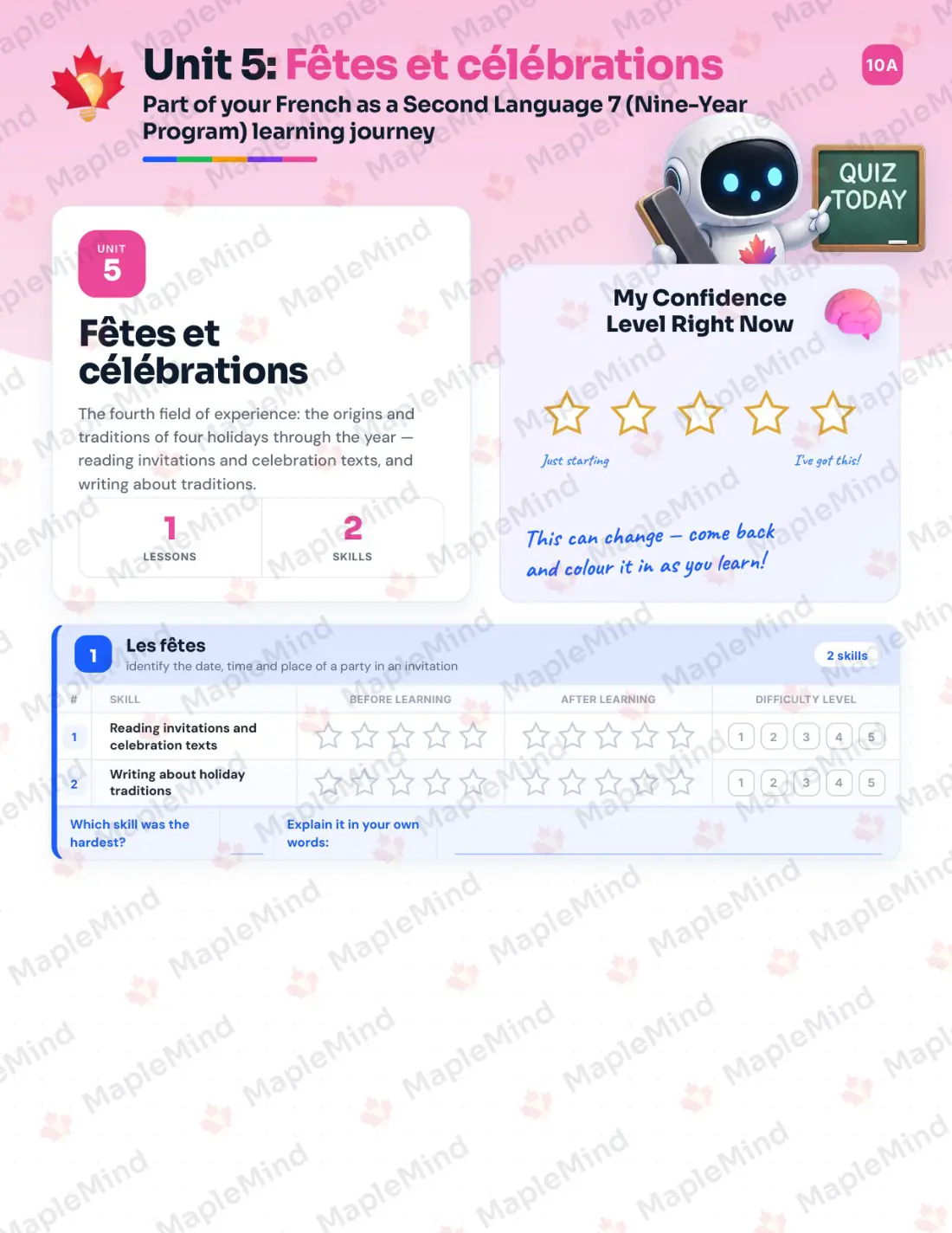 Page 19 of 34 from the French as a Second Language 7 (Nine-Year Program) Alberta Course Companion — skills tracker with before and after self-assessment