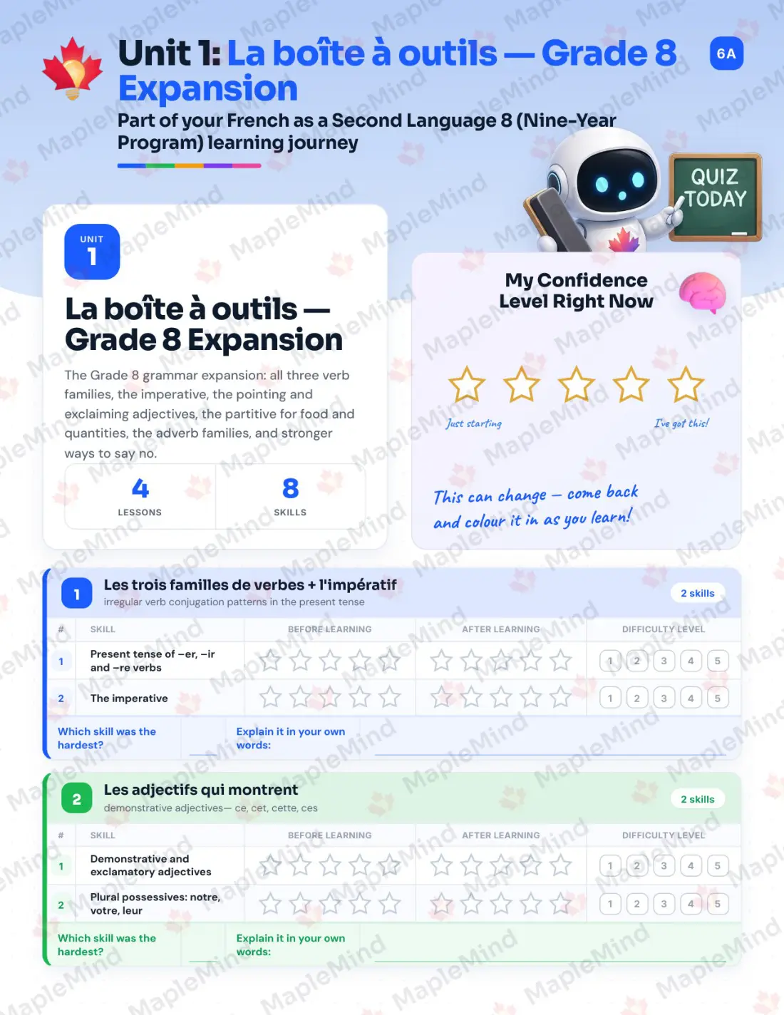 Page 6 of 34 from the French as a Second Language 8 (Nine-Year Program) Alberta Course Companion — skills tracker with before and after self-assessment