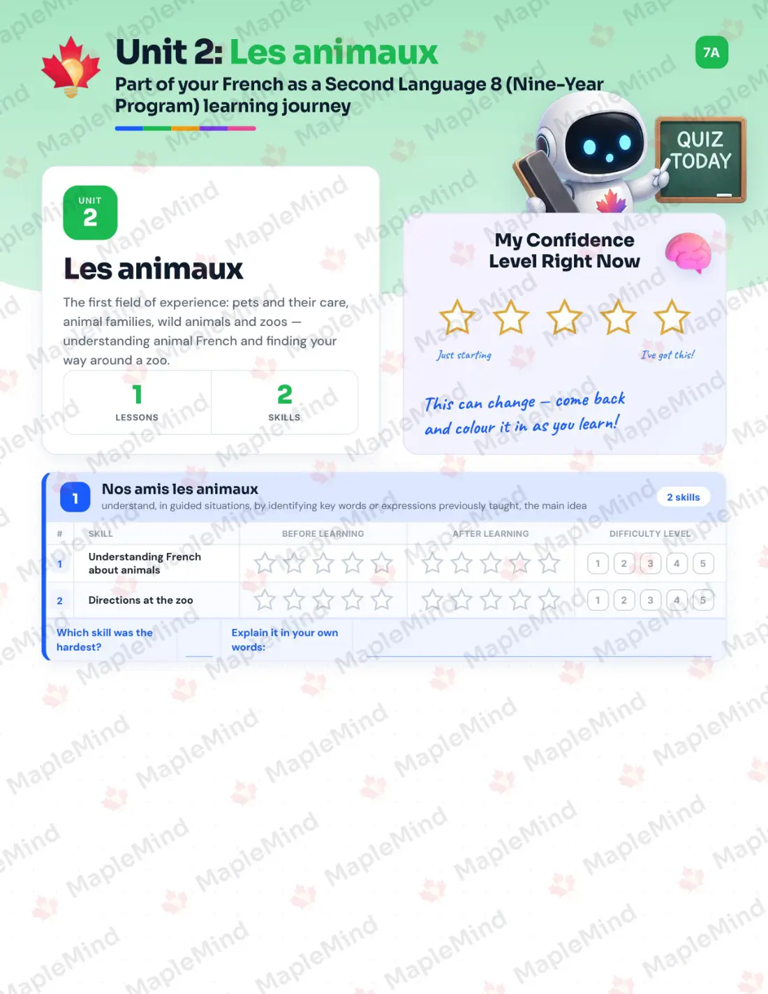Page 10 of 34 from the French as a Second Language 8 (Nine-Year Program) Alberta Course Companion — skills tracker with before and after self-assessment