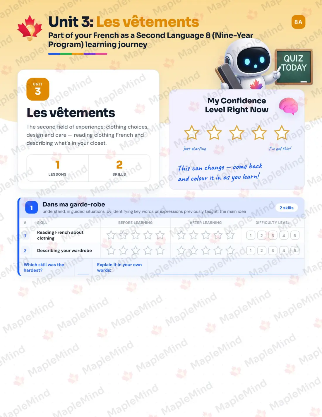 Page 13 of 34 from the French as a Second Language 8 (Nine-Year Program) Alberta Course Companion — skills tracker with before and after self-assessment