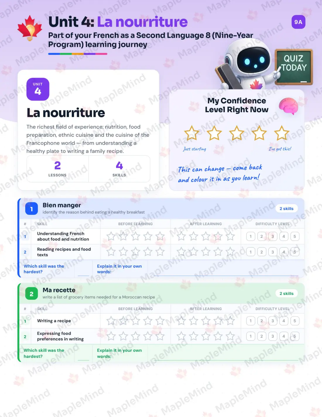 Page 16 of 34 from the French as a Second Language 8 (Nine-Year Program) Alberta Course Companion — skills tracker with before and after self-assessment