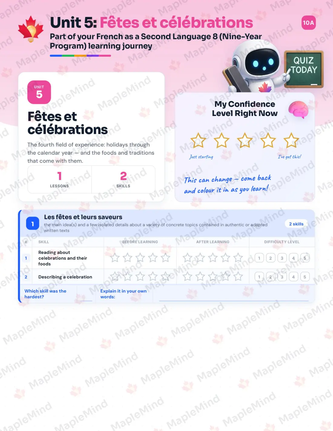 Page 19 of 34 from the French as a Second Language 8 (Nine-Year Program) Alberta Course Companion — skills tracker with before and after self-assessment
