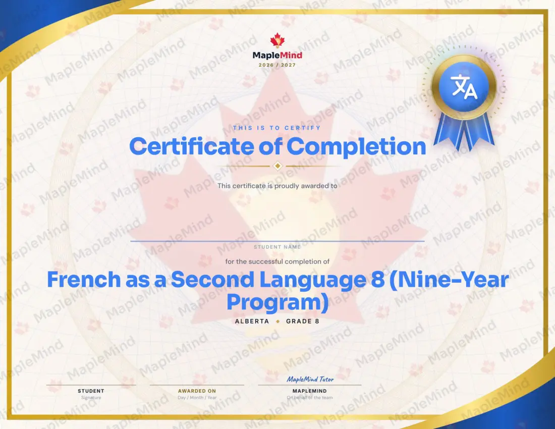 Page 34 of 34 from the French as a Second Language 8 (Nine-Year Program) Alberta Course Companion — year in review and certificate of completion