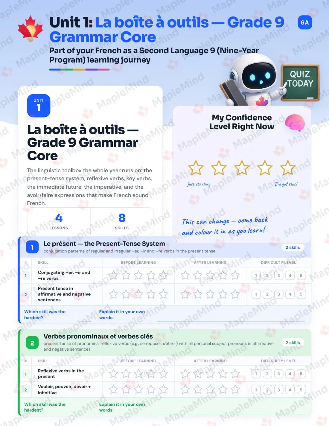 Page 7 of 35 from the French as a Second Language 9 (Nine-Year Program) Alberta Course Companion — skills tracker with before and after self-assessment