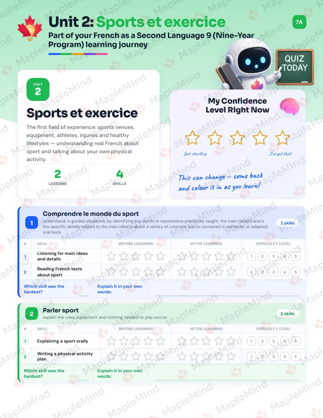 Page 11 of 35 from the French as a Second Language 9 (Nine-Year Program) Alberta Course Companion — skills tracker with before and after self-assessment