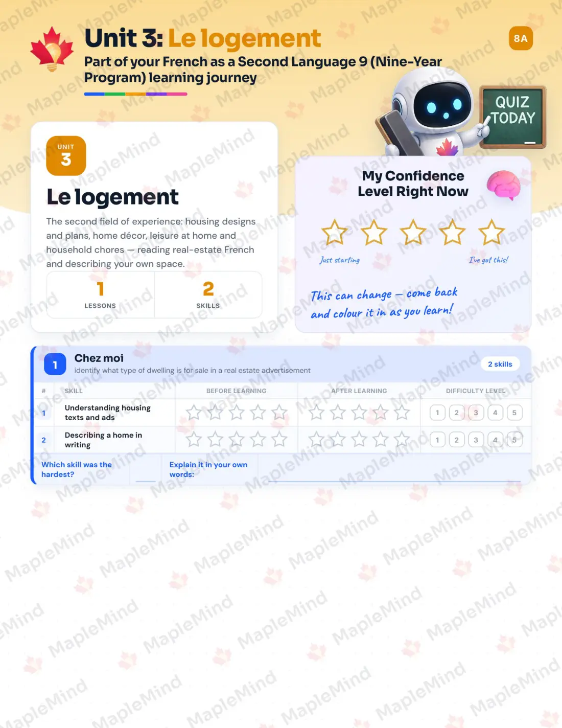 Page 14 of 35 from the French as a Second Language 9 (Nine-Year Program) Alberta Course Companion — skills tracker with before and after self-assessment