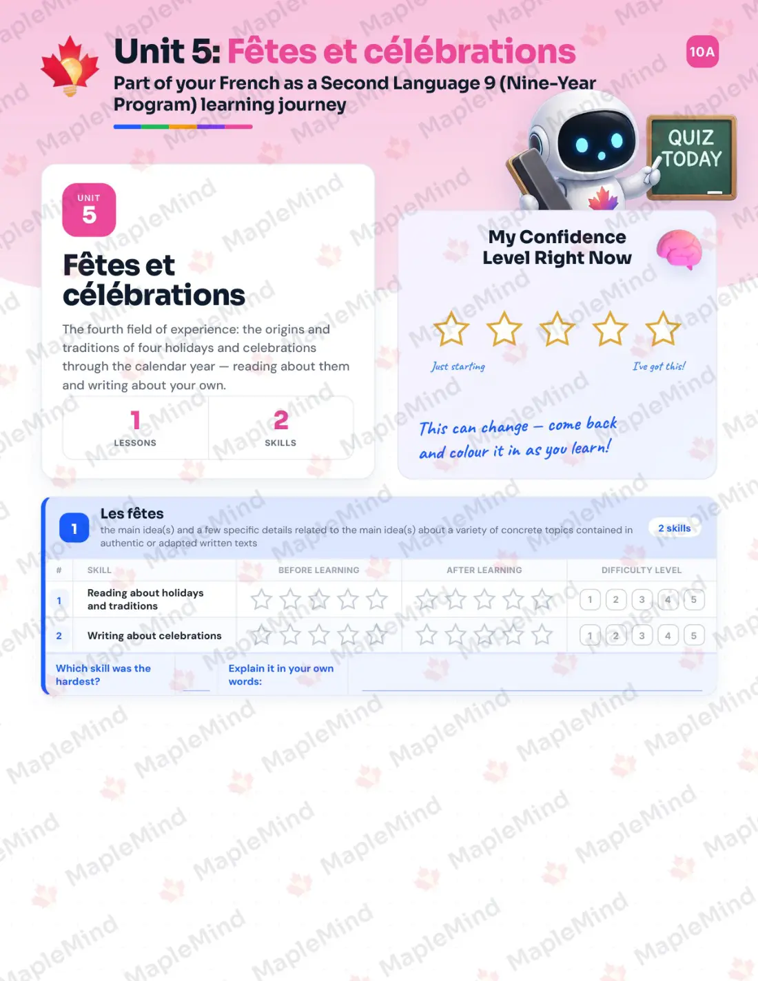 Page 20 of 35 from the French as a Second Language 9 (Nine-Year Program) Alberta Course Companion — skills tracker with before and after self-assessment