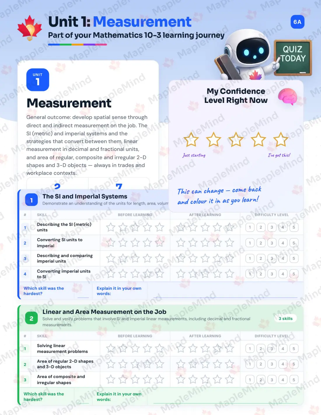 Page 6 of 28 from the Mathematics 10-3 Alberta Course Companion — skills tracker with before and after self-assessment