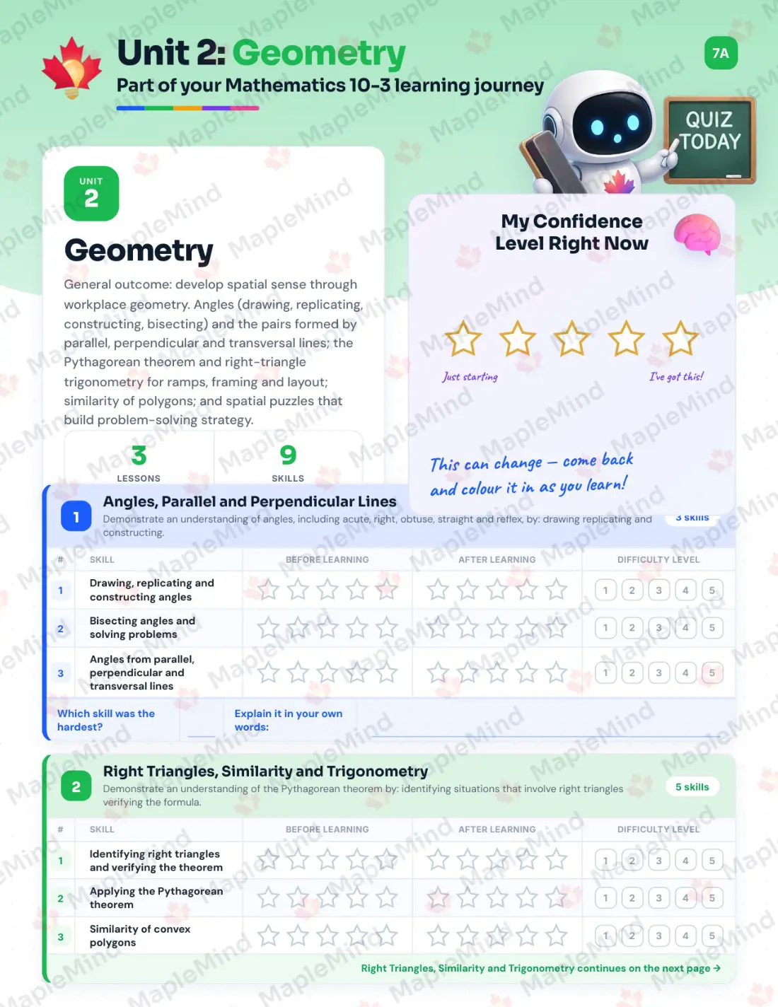 Page 9 of 28 from the Mathematics 10-3 Alberta Course Companion — skills tracker with before and after self-assessment