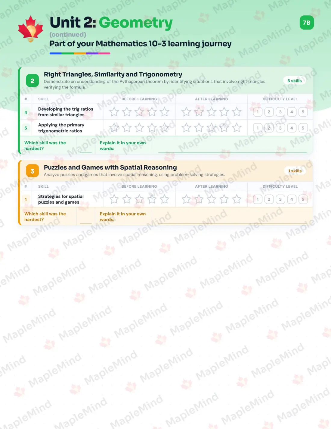 Page 10 of 28 from the Mathematics 10-3 Alberta Course Companion — skills tracker with before and after self-assessment