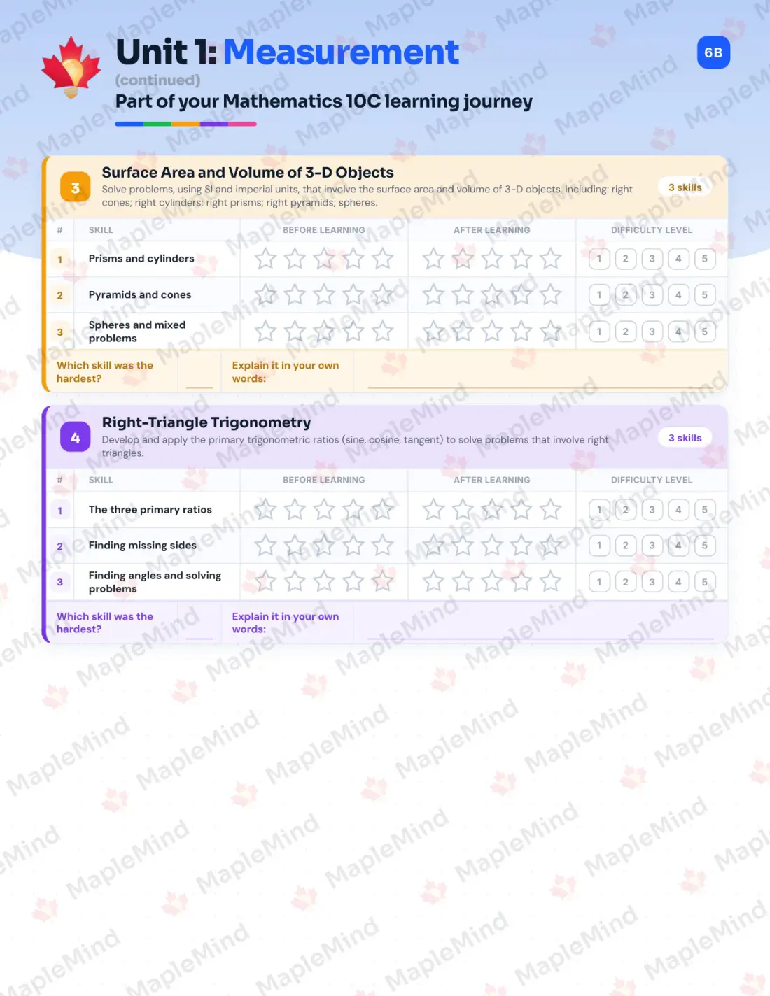 Page 8 of 29 from the Mathematics 10C Alberta Course Companion — skills tracker with before and after self-assessment