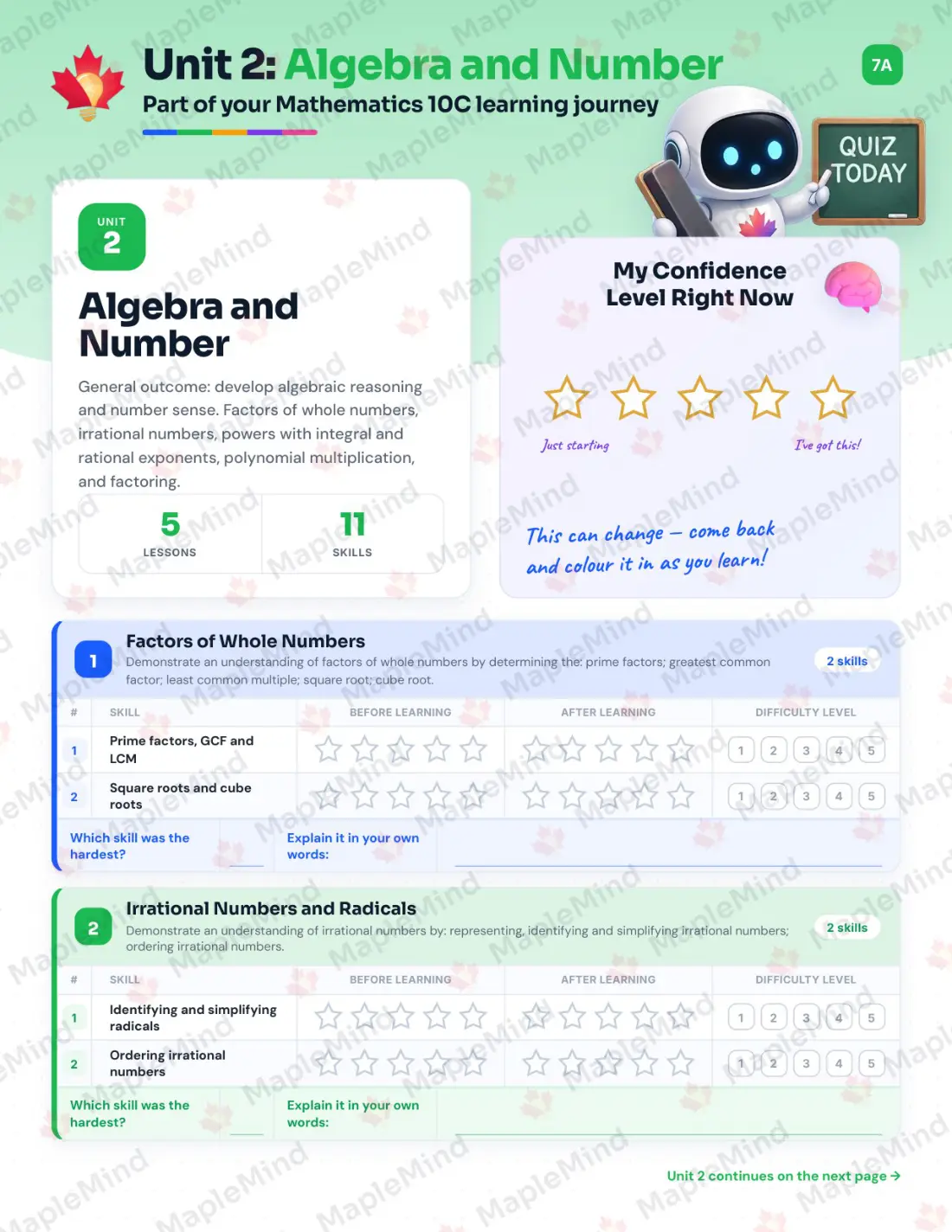 Page 11 of 29 from the Mathematics 10C Alberta Course Companion — skills tracker with before and after self-assessment