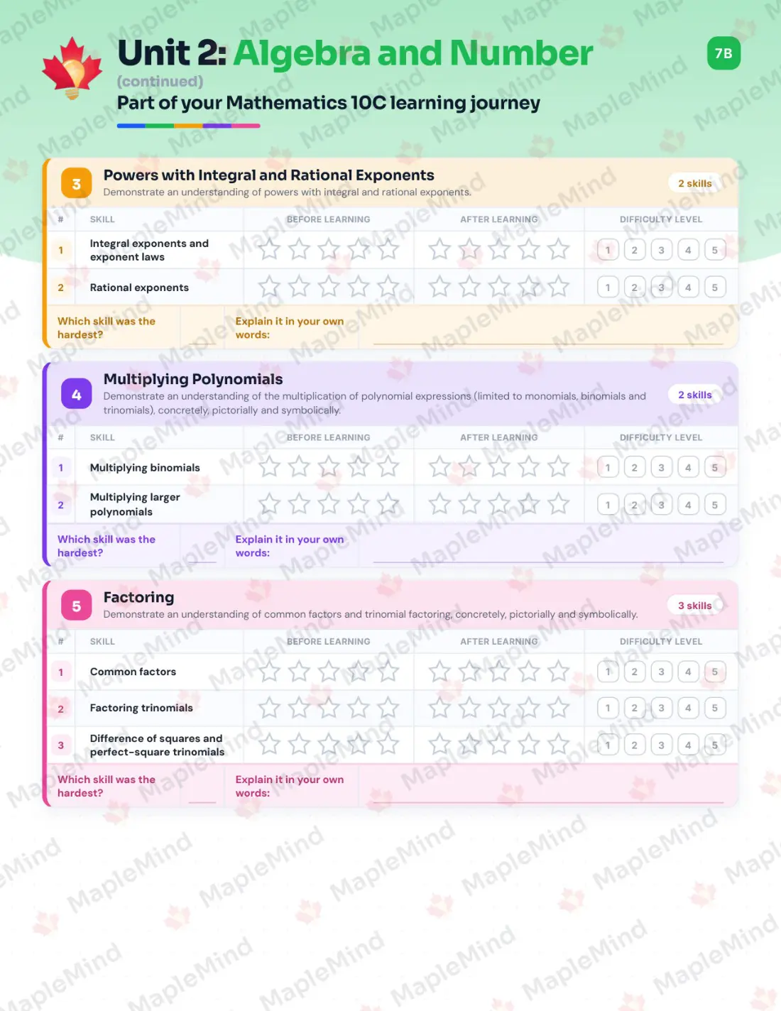 Page 12 of 29 from the Mathematics 10C Alberta Course Companion — skills tracker with before and after self-assessment