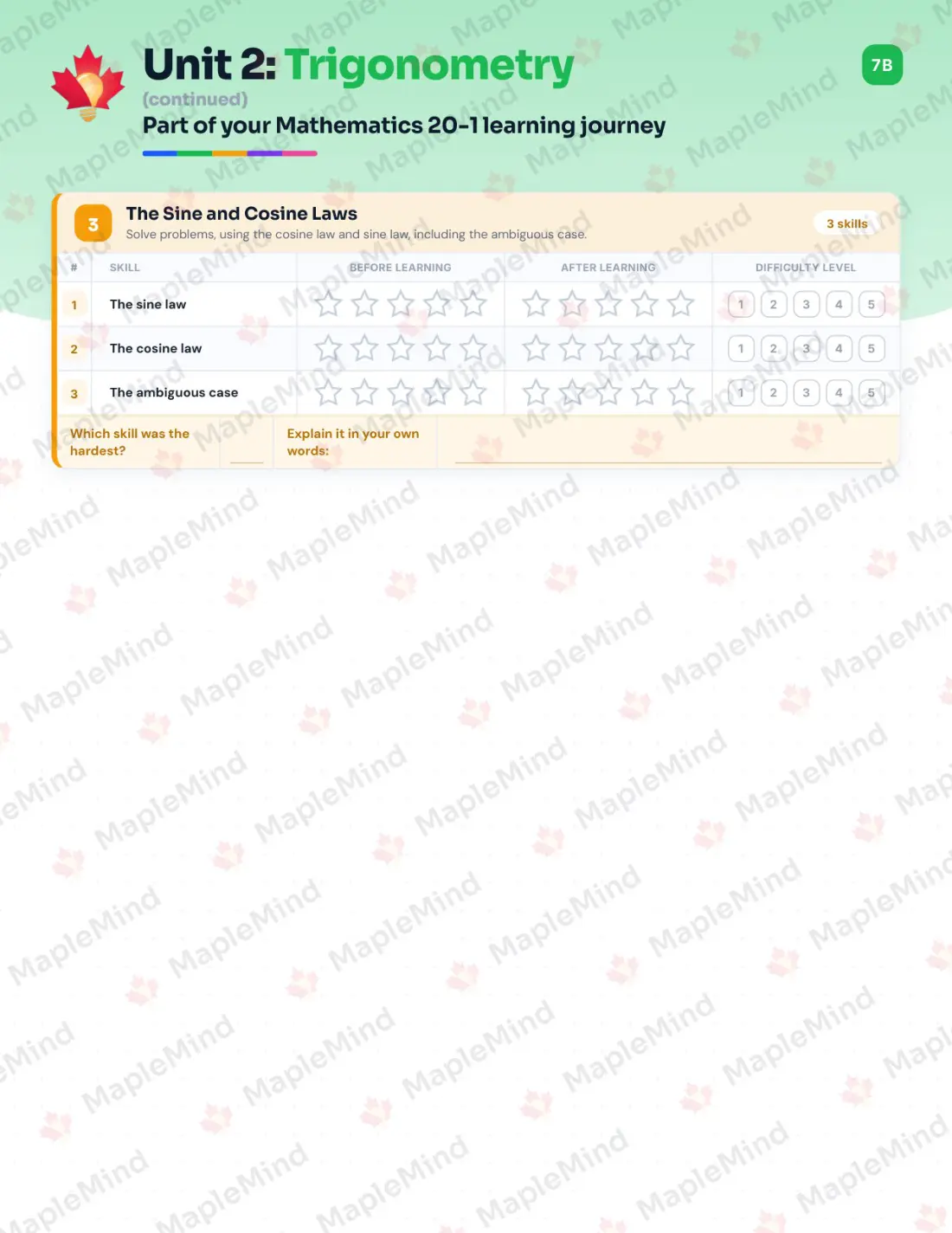 Page 13 of 30 from the Mathematics 20-1 Alberta Course Companion — skills tracker with before and after self-assessment