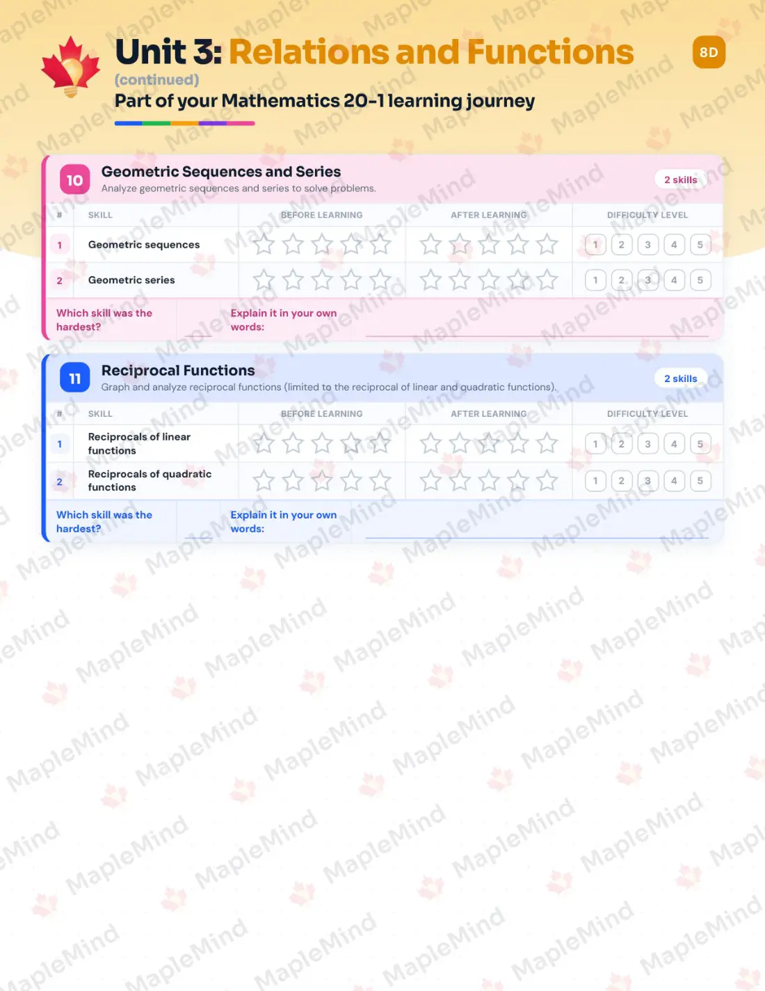 Page 19 of 30 from the Mathematics 20-1 Alberta Course Companion — skills tracker with before and after self-assessment