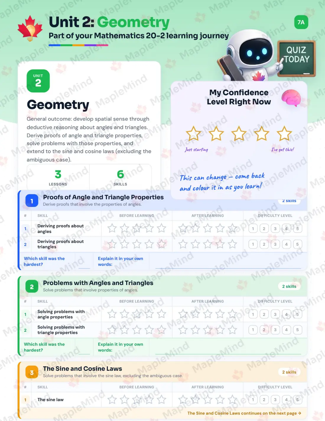 Page 10 of 36 from the Mathematics 20-2 Alberta Course Companion — skills tracker with before and after self-assessment