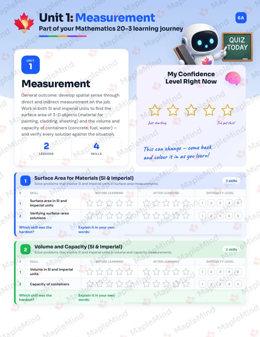 Page 6 of 32 from the Mathematics 20-3 Alberta Course Companion — skills tracker with before and after self-assessment
