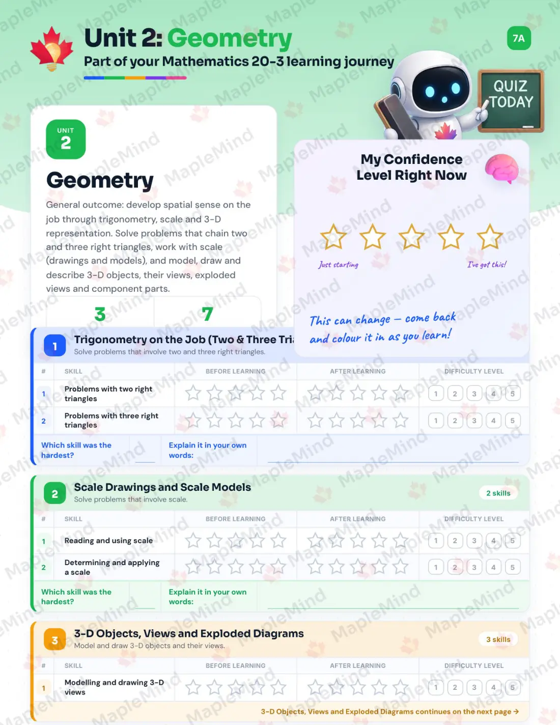 Page 9 of 32 from the Mathematics 20-3 Alberta Course Companion — skills tracker with before and after self-assessment