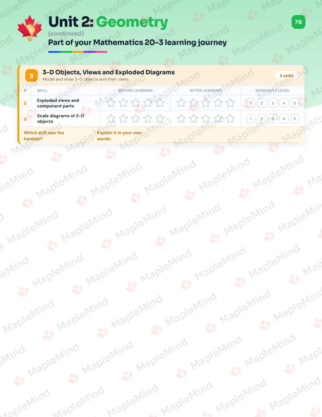 Page 10 of 32 from the Mathematics 20-3 Alberta Course Companion — skills tracker with before and after self-assessment
