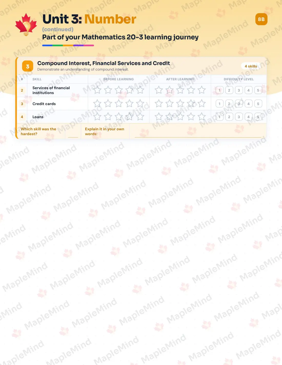 Page 14 of 32 from the Mathematics 20-3 Alberta Course Companion — skills tracker with before and after self-assessment