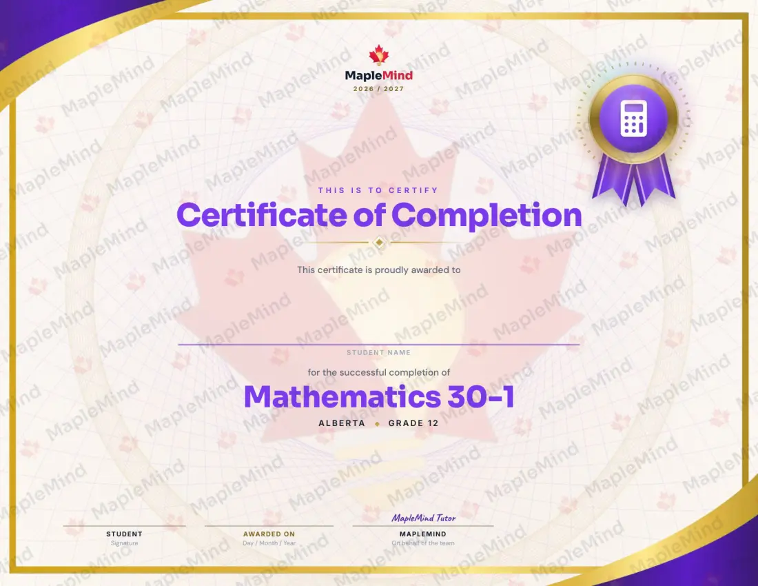 Page 29 of 29 from the Mathematics 30-1 Alberta Course Companion — year in review and certificate of completion